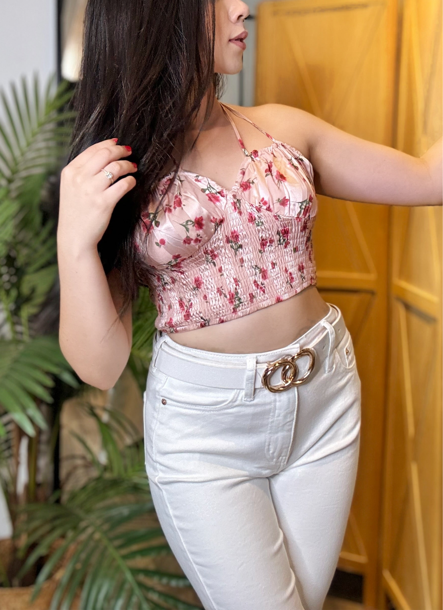 Rosie Scrunched Double Strap Halter Floral Top