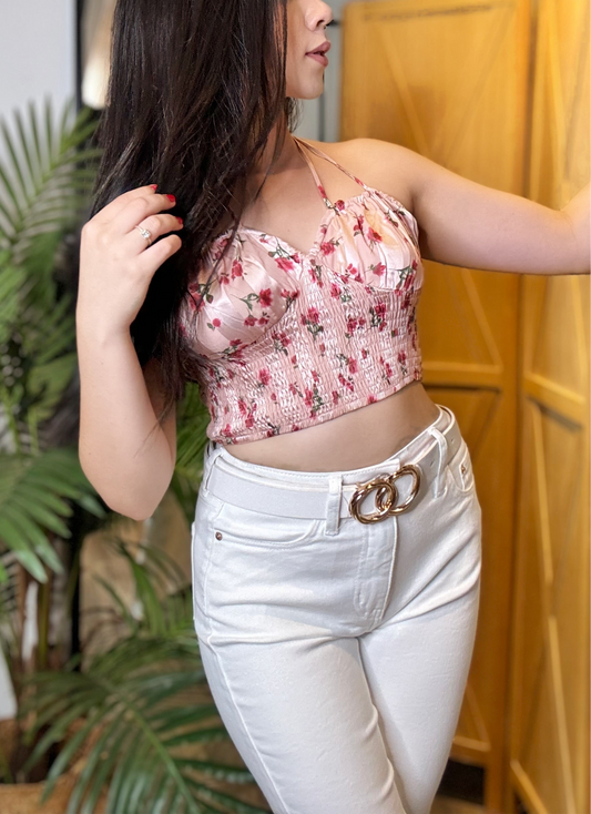 Rosie Scrunched Double Strap Halter Floral Top